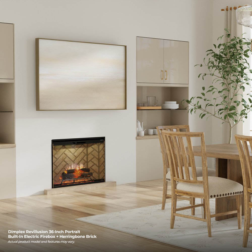 Built-in electric firebox with flame screen and herringbone brick surround