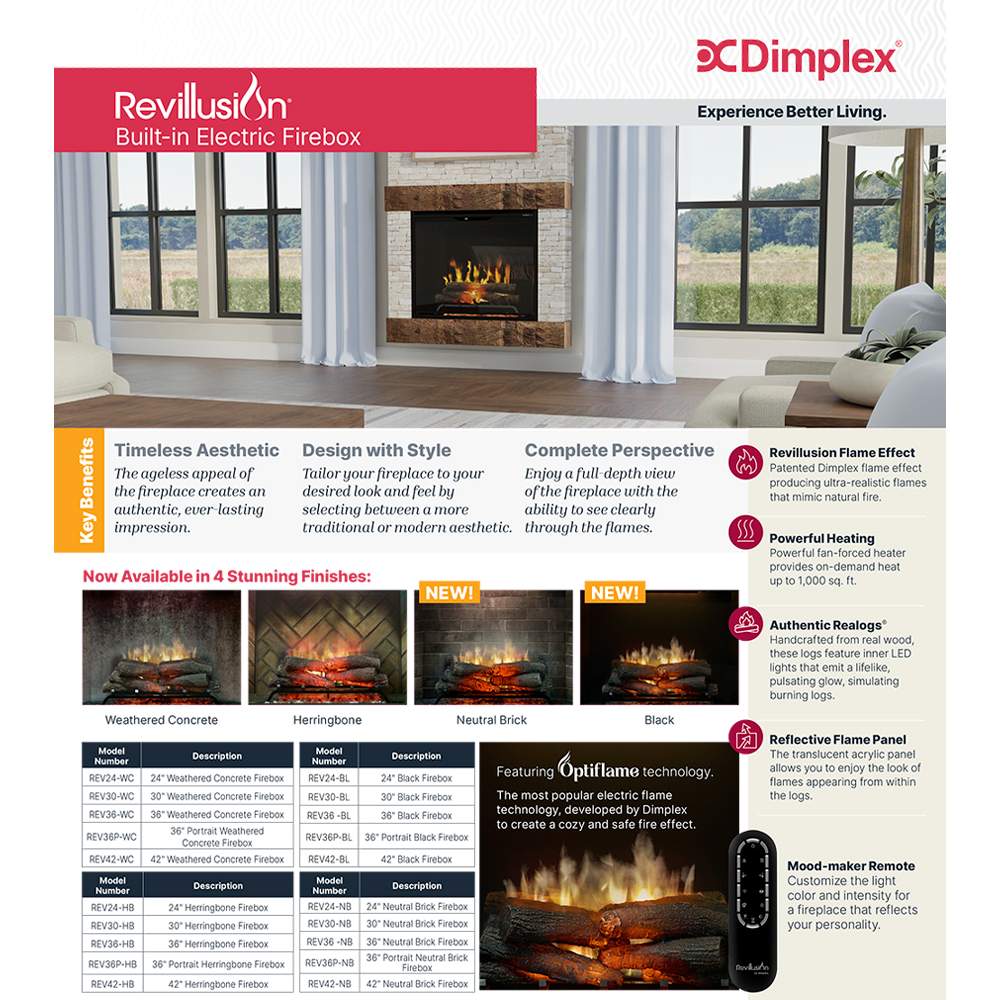 Built-in electric firebox marketing panel showing flame display and finish options