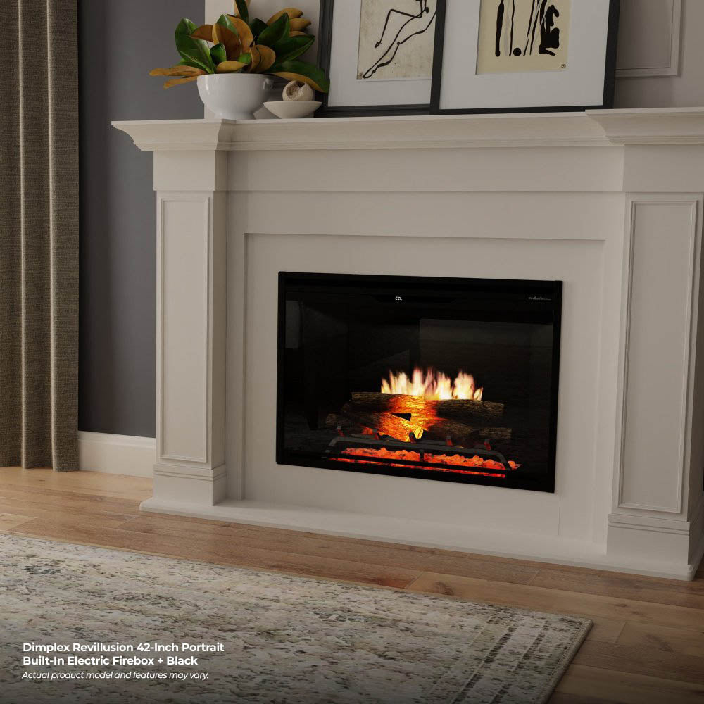 Built-in electric firebox in a white wall surround, black glass front with orange flames