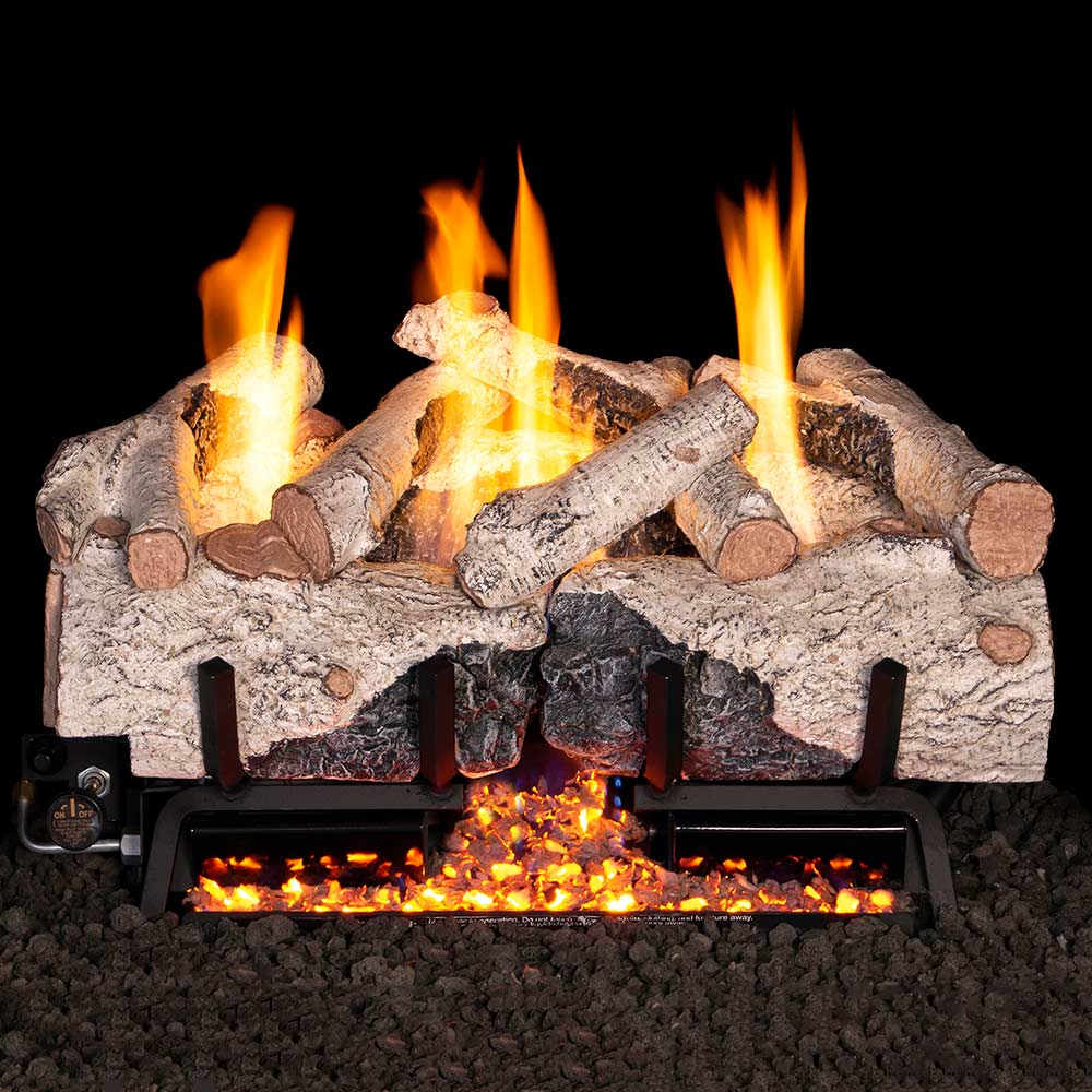 Ventless gas log set with charred birch logs and flames in a stainless firebox