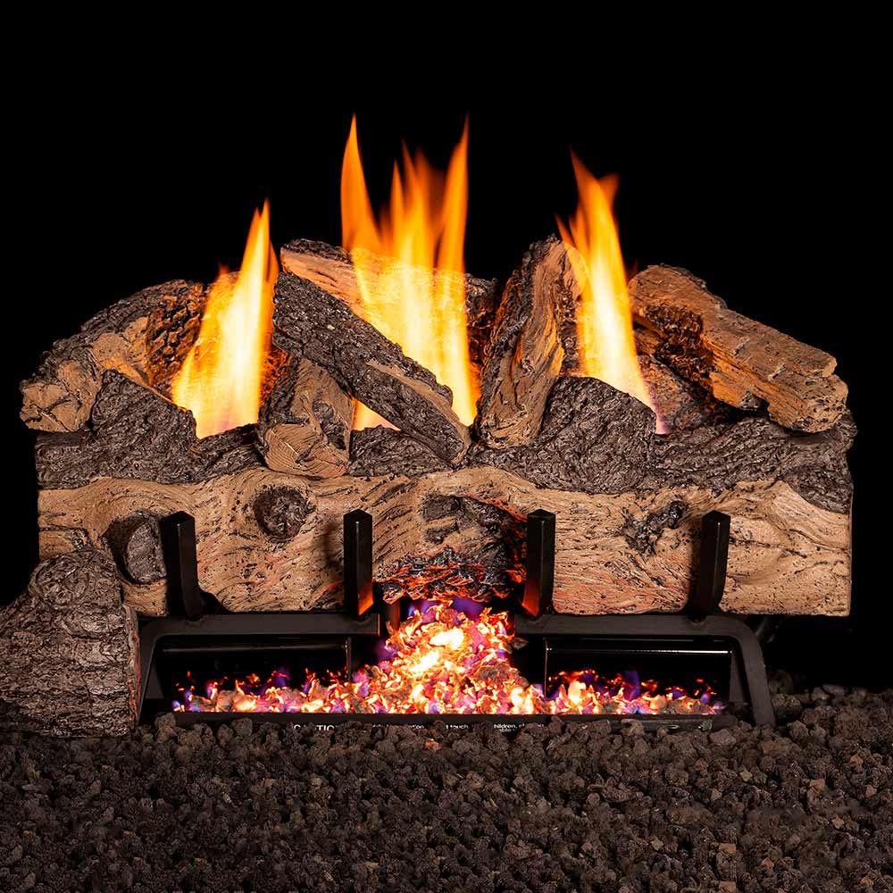 Ventless gas log set with split charcoal logs, open flames, and black burner pan