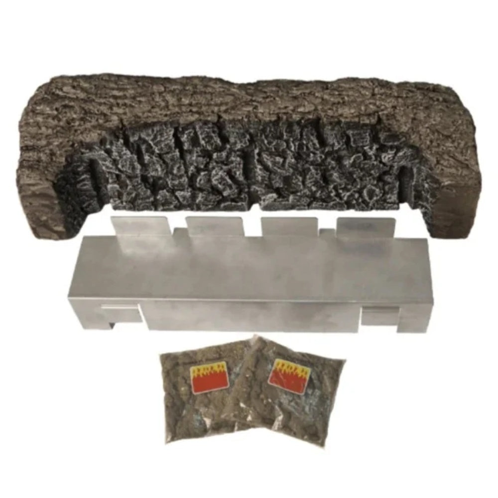 Fireplace flame enhancer kit with faux log insert, burner base, and two fuel packs