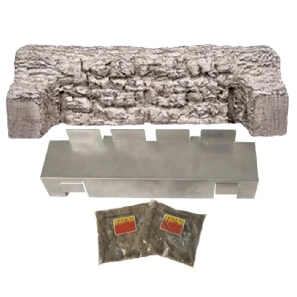 Flame enhancer log insert with mounting tray and two small packets.