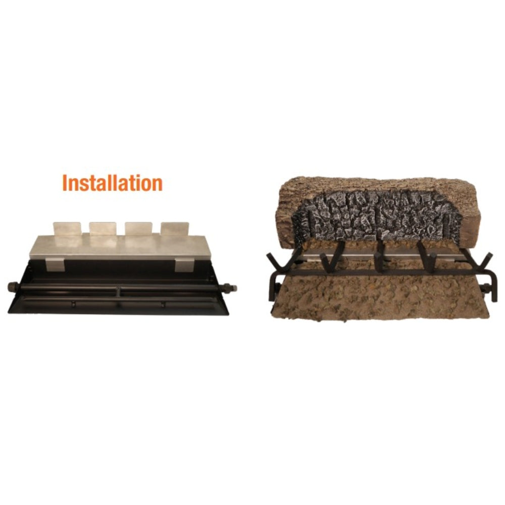Flame enhancer log with black grate and mounting tray components.