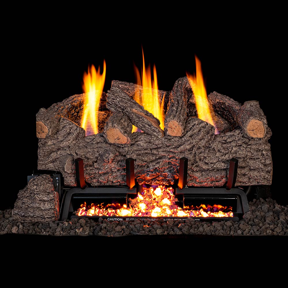 Ventless gas log set with gnarled oak logs, embers, and tall flames