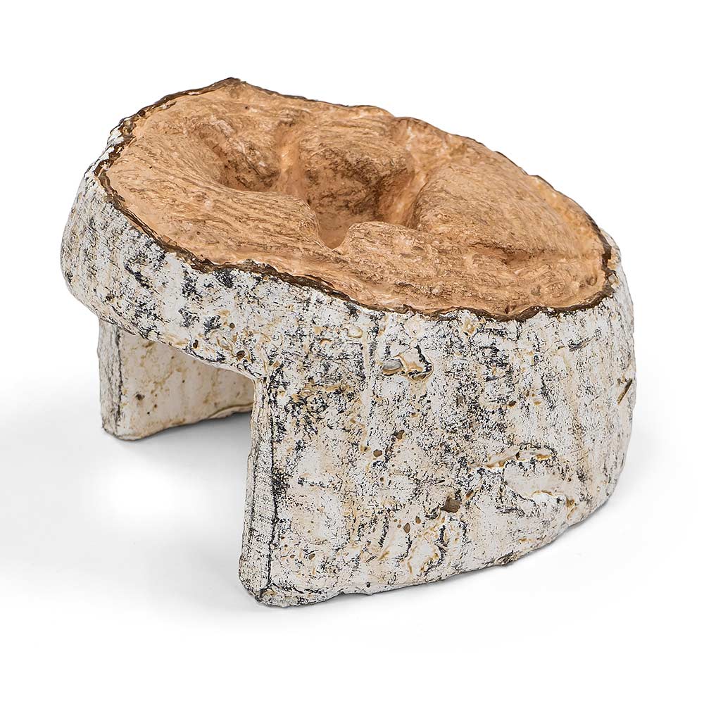 Decorative charred birch log cover with rugged gray stone shell and natural wood insert
