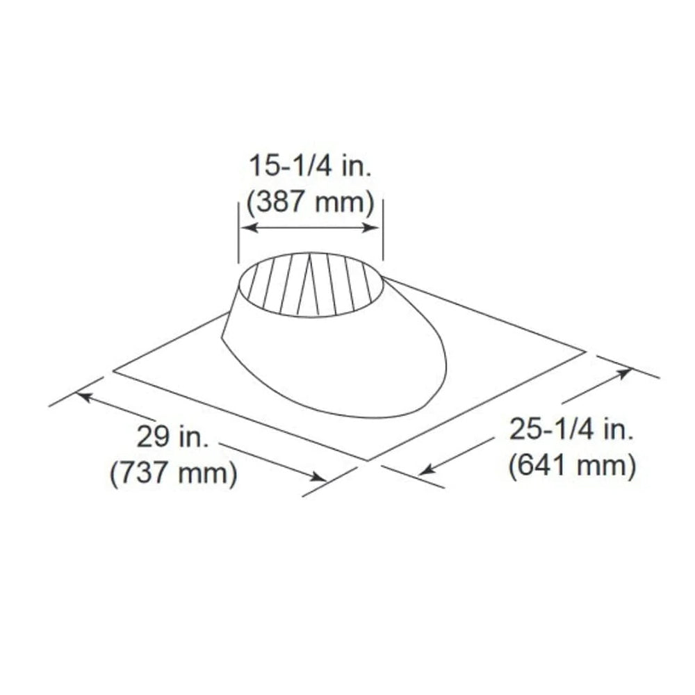 Majestic pitch roof flashing diagram, 29 in by 25 1/4 in base and 15 1/4 in opening