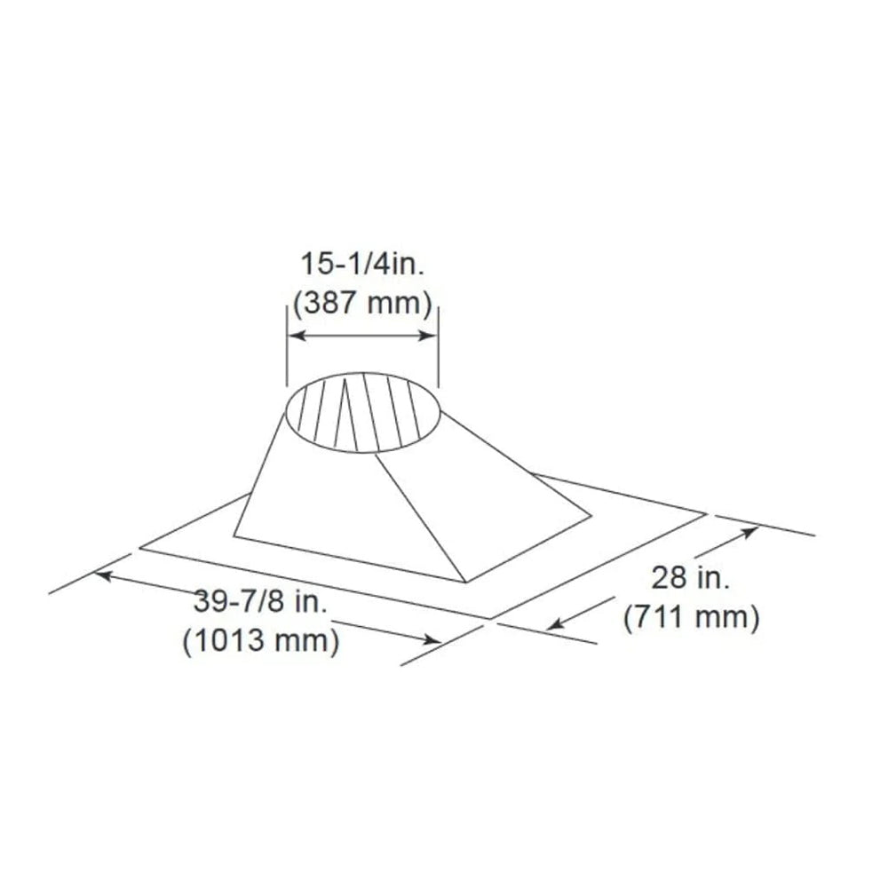 Pitch roof flashing diagram with collar and base, 15-1/4 in, 39-7/8 in, 28 in