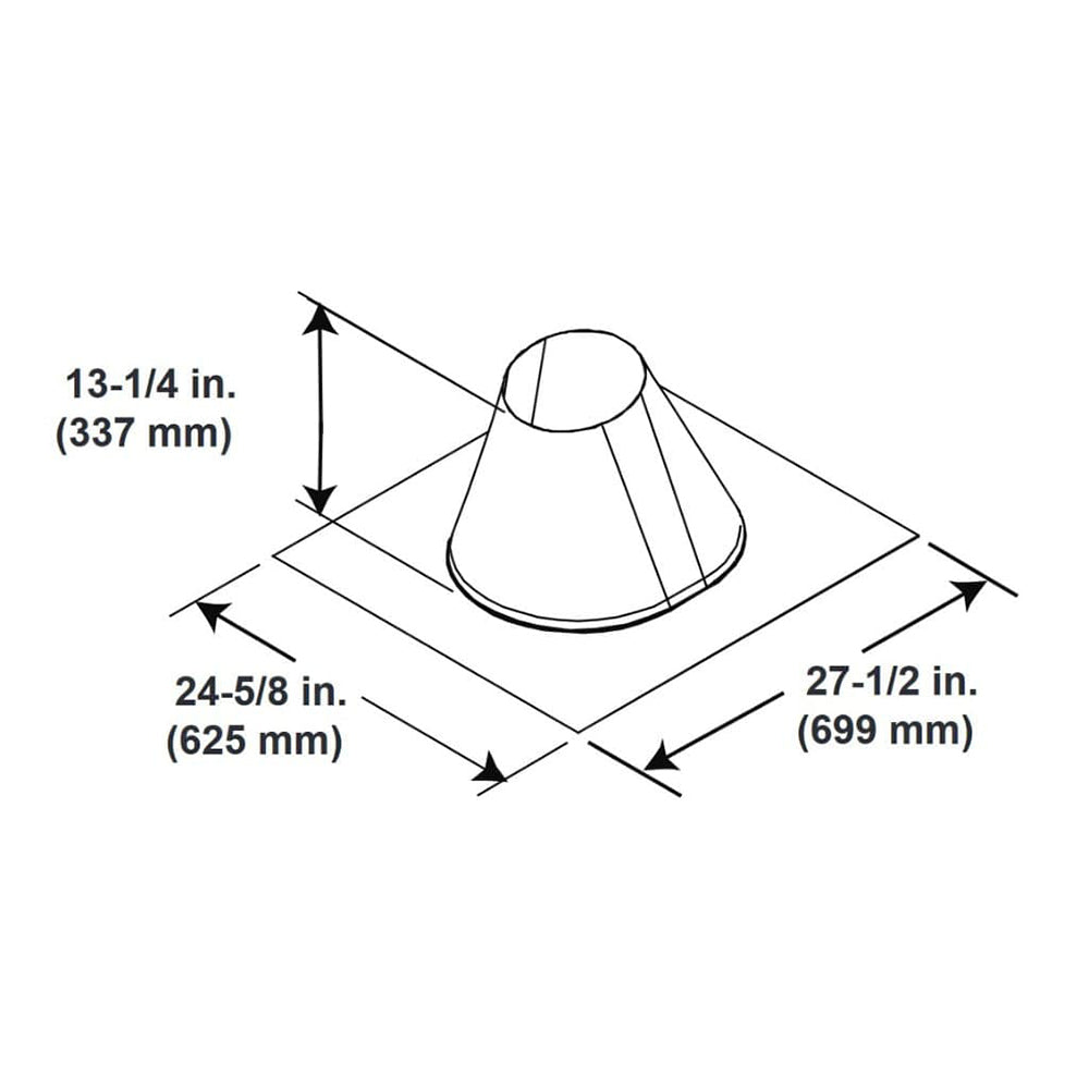 Pitch roof flashing size diagram: 13-1/4 in height, 24-5/8 in and 27-1/2 in