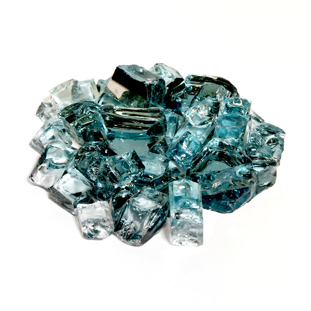 Reflective fire glass chunks, teal and clear blue, mixed size pieces
