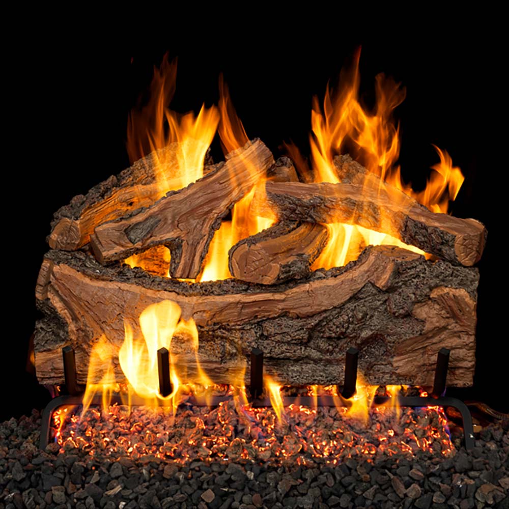 Gas log set with split vented logs, orange flames, and steel burner base