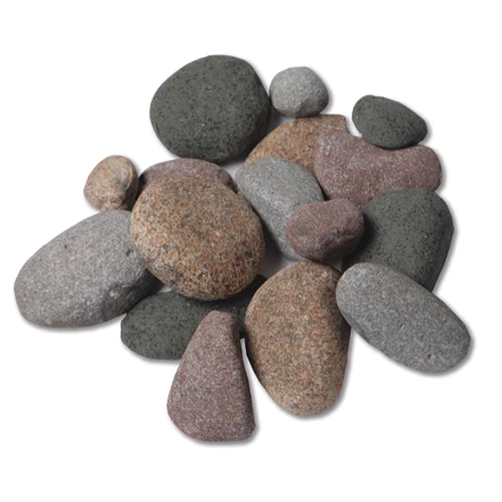 River rock media kit with assorted smooth gray, brown, and purple stones
