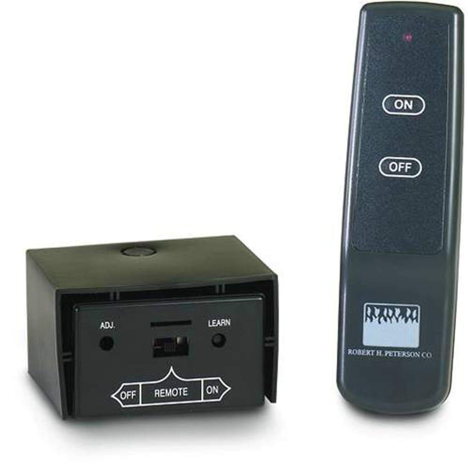 Fireplace remote control with ON and OFF buttons, plus receiver unit