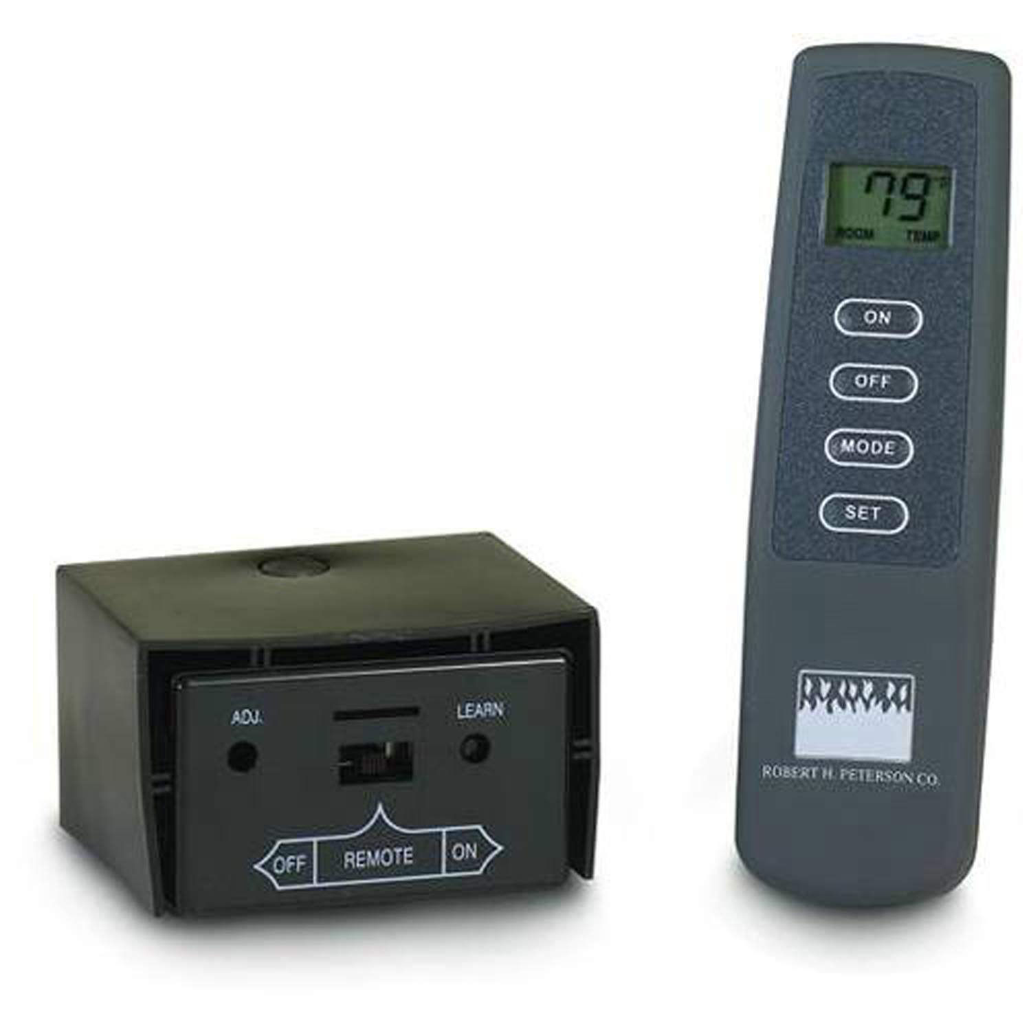 Fireplace remote control with LCD display, ON/OFF and mode buttons, thermostat receiver module