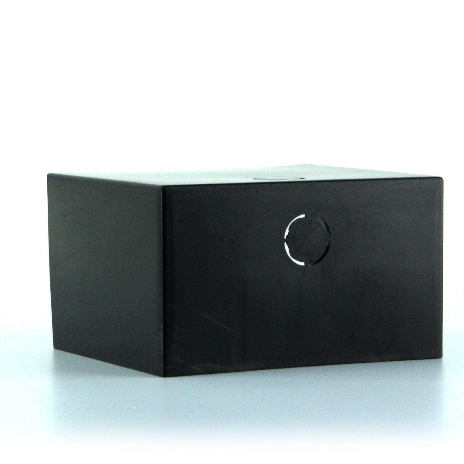 Black receiver cover with closed front panel and circular latch cutout