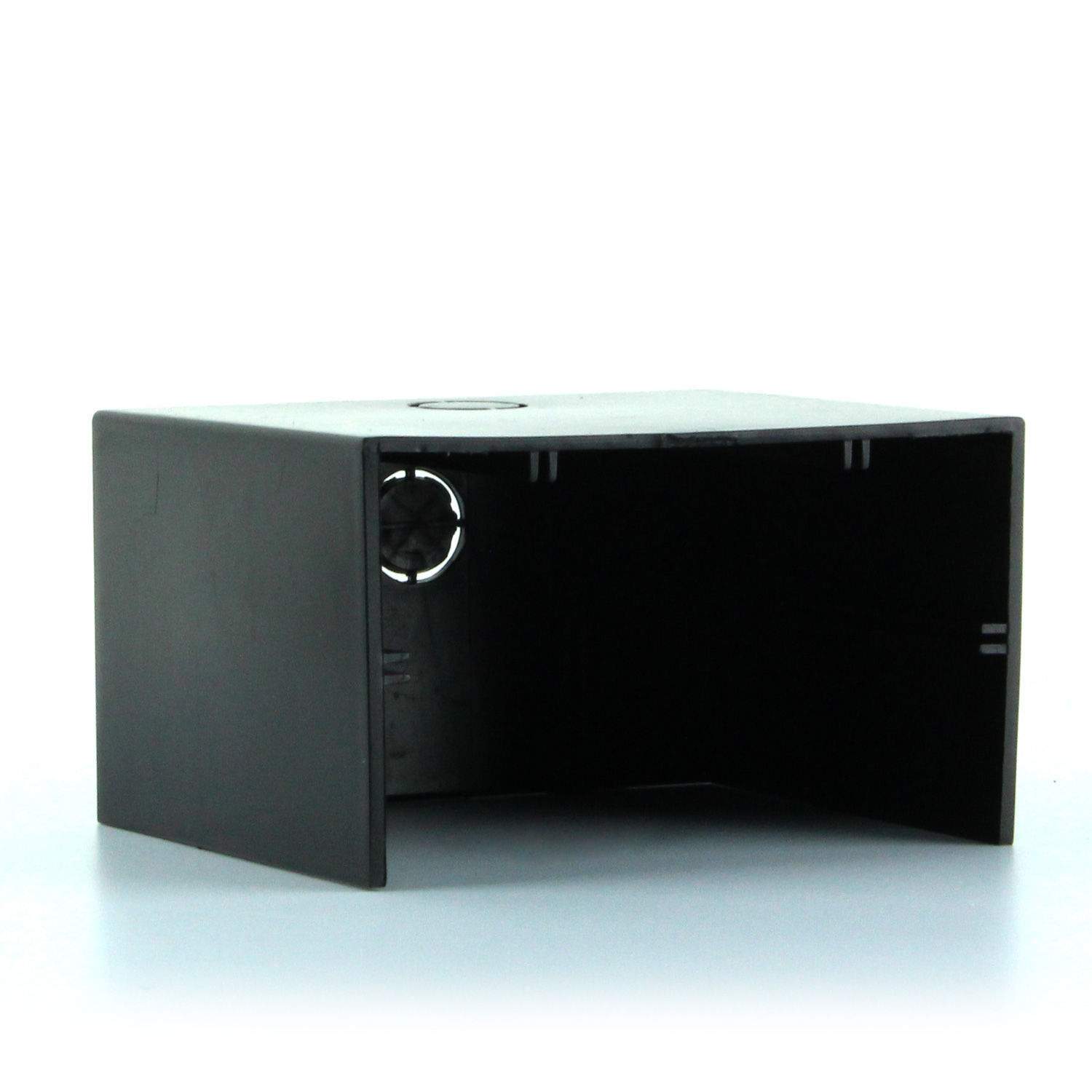 Black receiver cover with front opening and circular port detail, hinged style