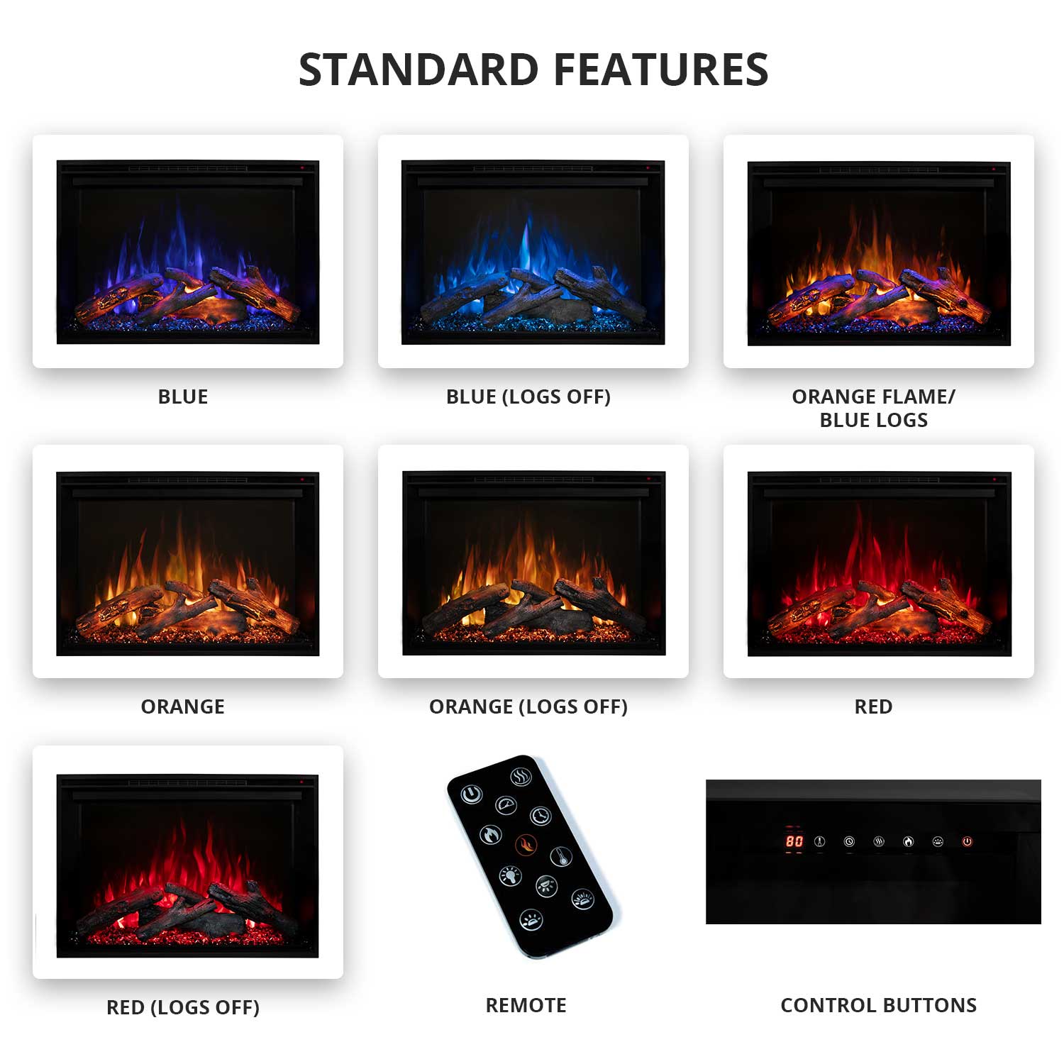 54-inch electric fireplace flame color panels plus remote and control buttons