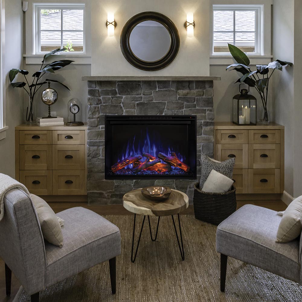 Black built-in electric fireplace insert with glowing flame bed and glass front