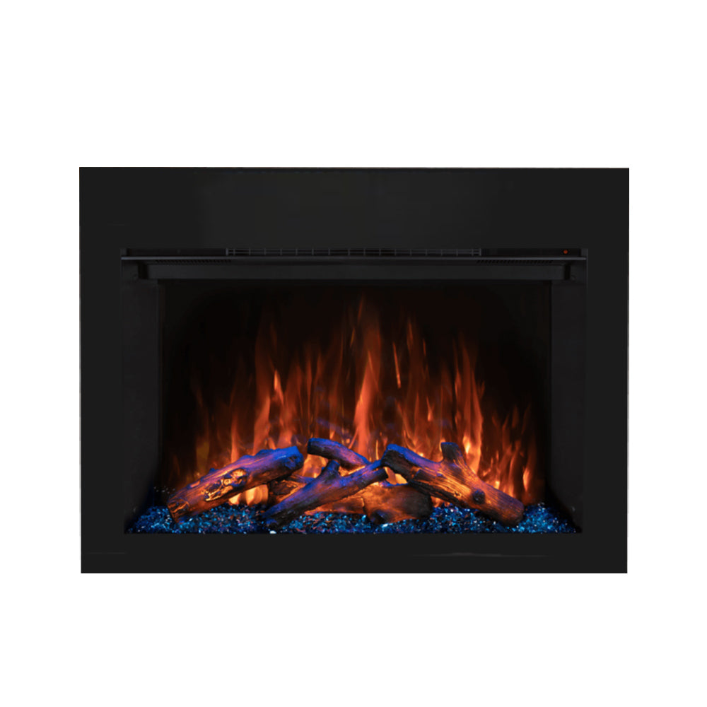 Black electric fireplace insert with glowing log flames inside built-in surround