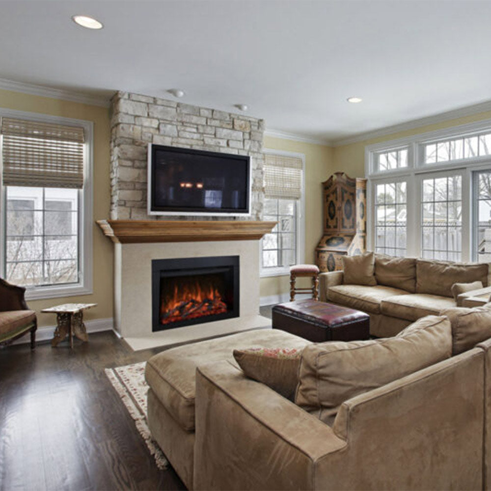 Built-in electric fireplace with dark surround, stone mantel, and flame display