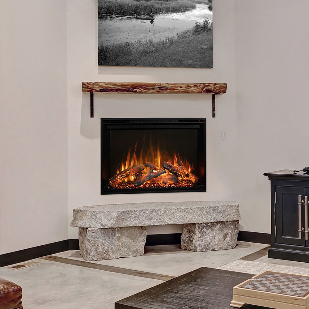 Built-in electric fireplace with black glass front, glowing logs and orange flames