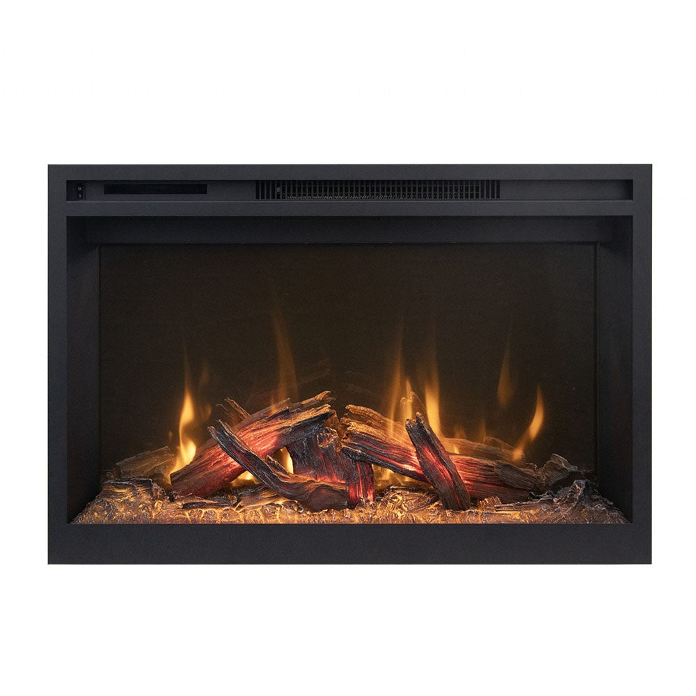 Built-in electric fireplace firebox with dark surround and log-style flame effect