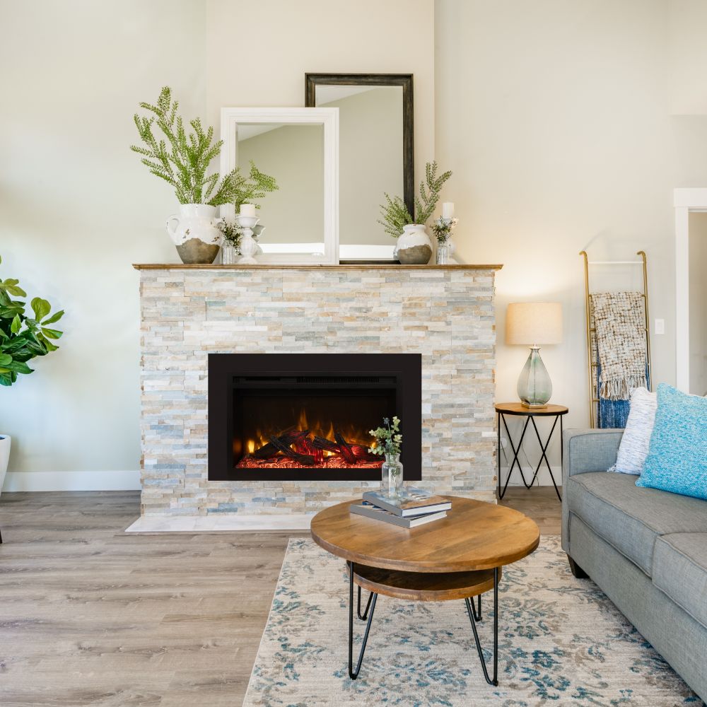 Built-in electric fireplace with light stone surround, dark firebox frame, orange flames