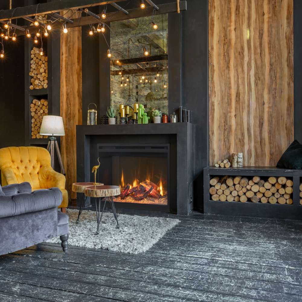 Built-in electric fireplace with rustic stone surround and dark frame, glowing flame bed