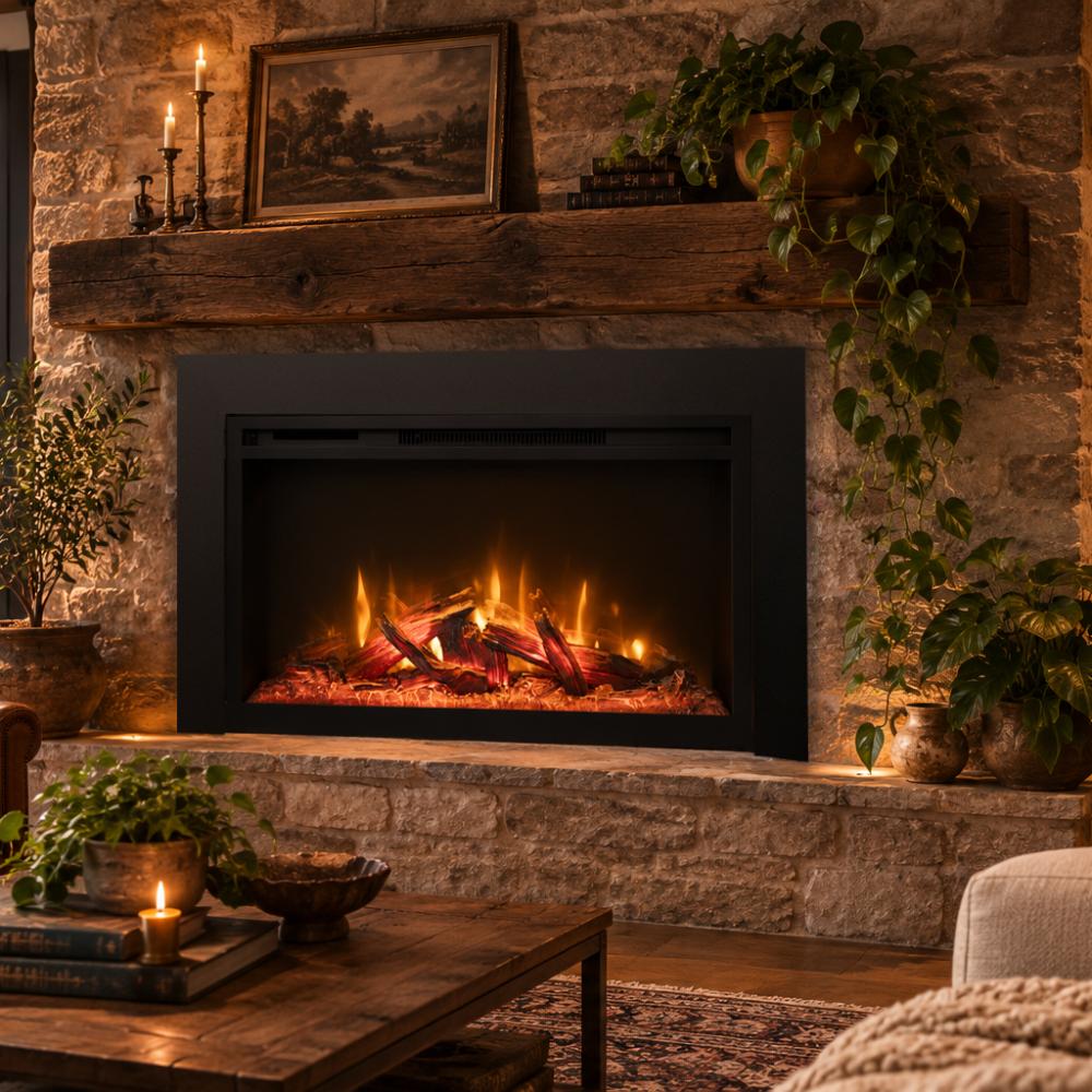 Built-in electric fireplace with stone wall surround and black frame, bright flame glow