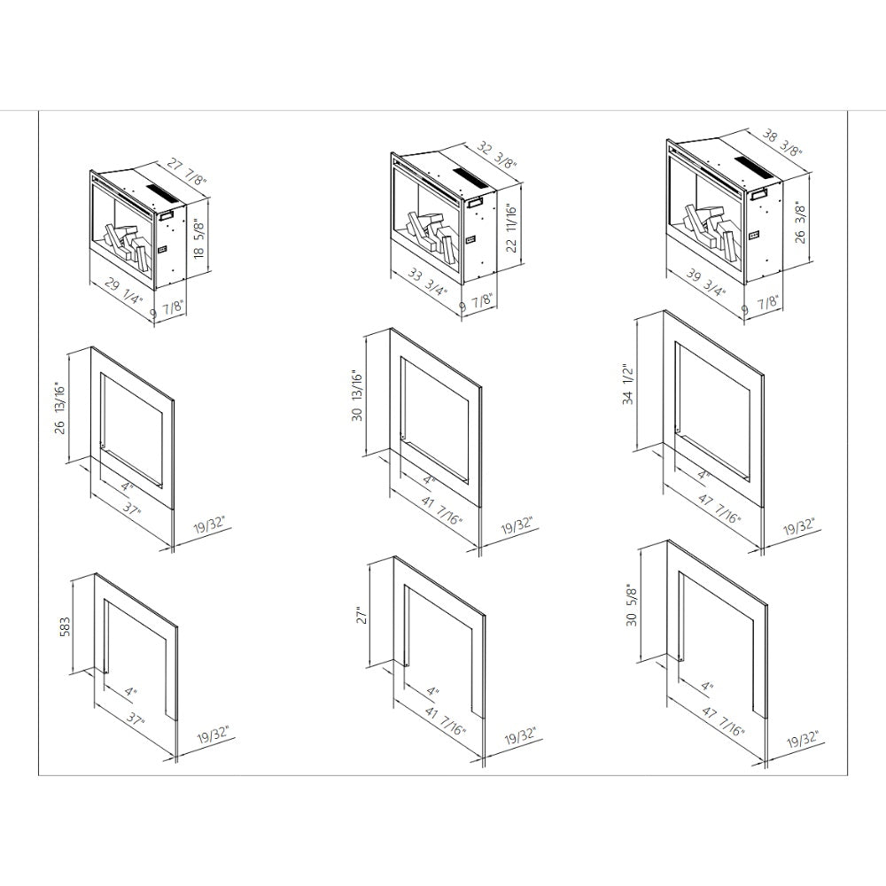 Architectural diagram of built-in electric fireplace trim and front dimensions