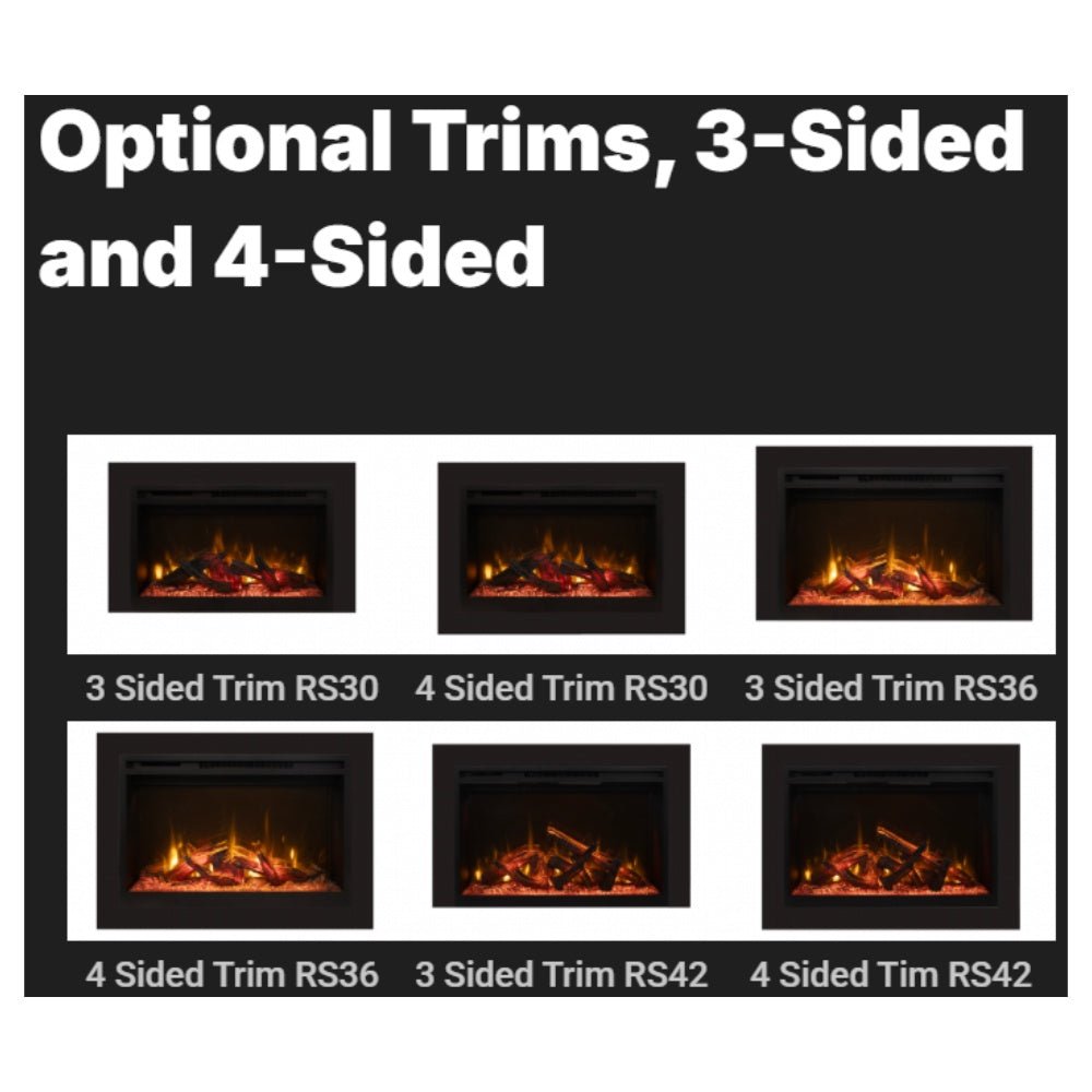 Electric fireplace trim options graphic showing 3-sided and 4-sided surround layouts