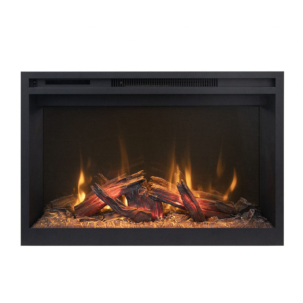 Built-in electric fireplace opening with realistic burning logs and glowing flames