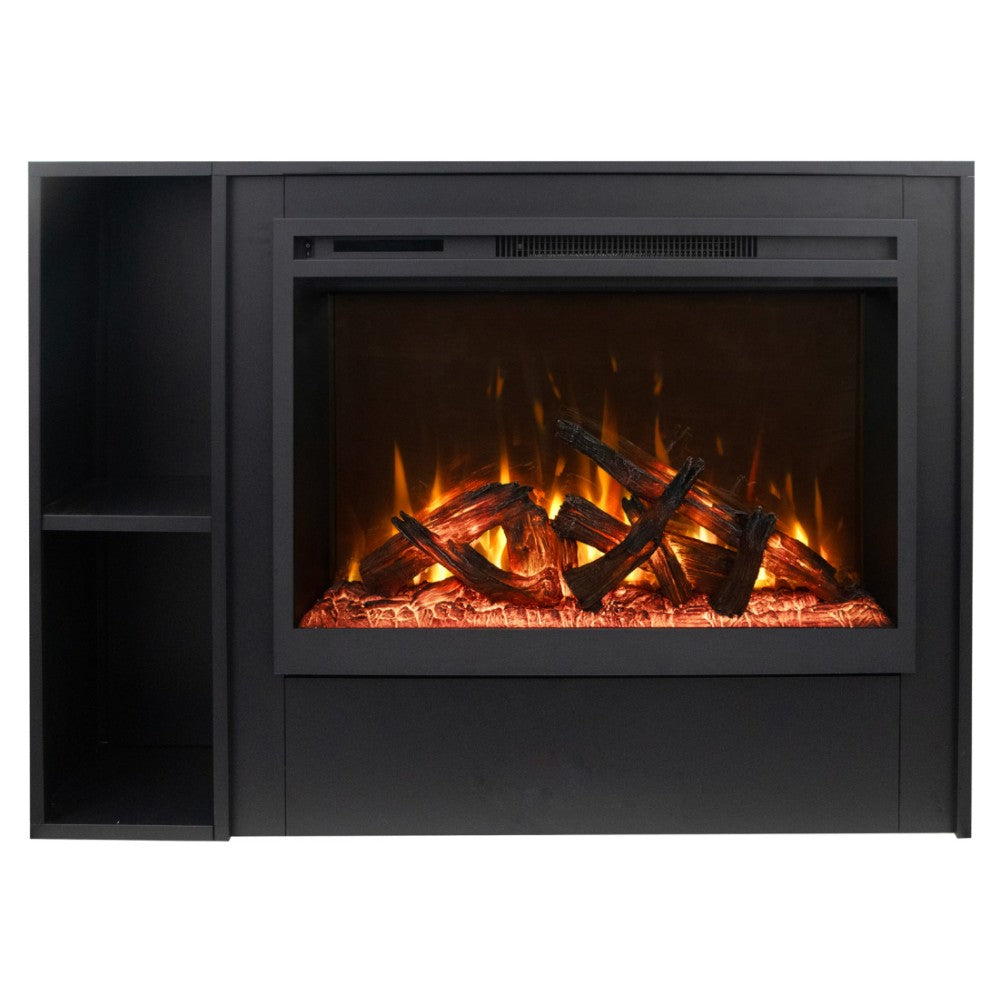 Smart electric fireplace with black pedestal and glowing flame display, wide viewing window