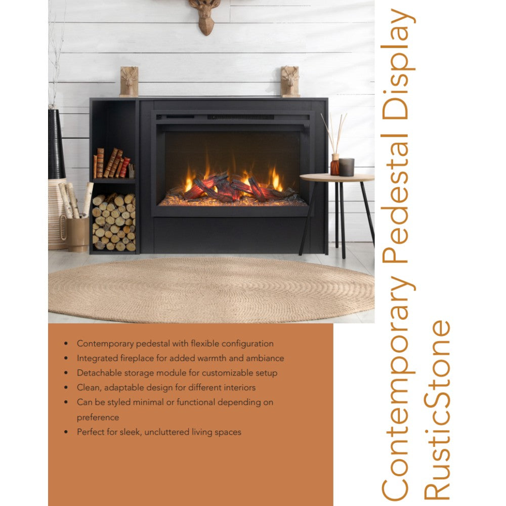 Smart electric fireplace on pedestal in living room setting, glowing firebox with trim