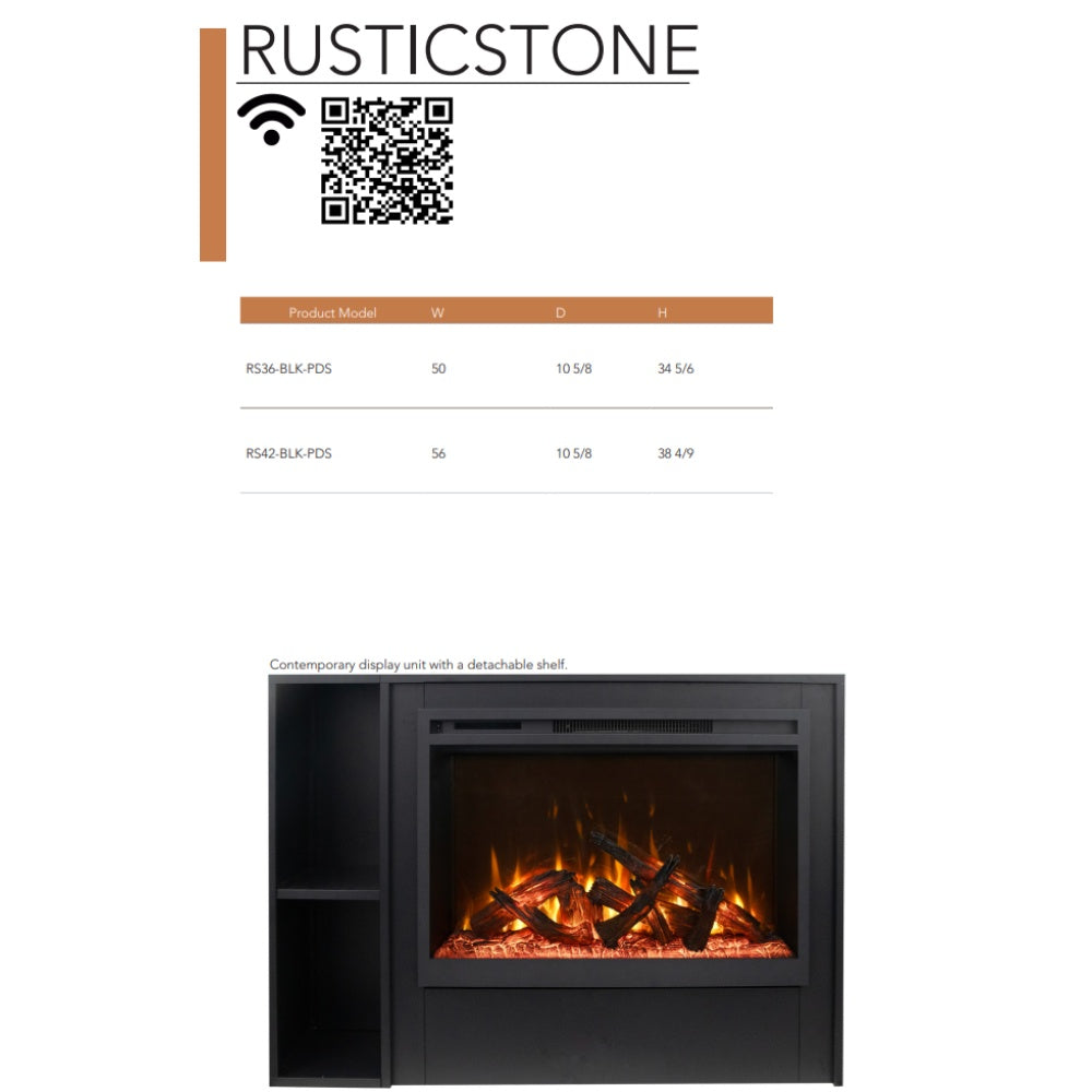 Black electric fireplace insert with glowing logs and open side shelf, pedestal unit
