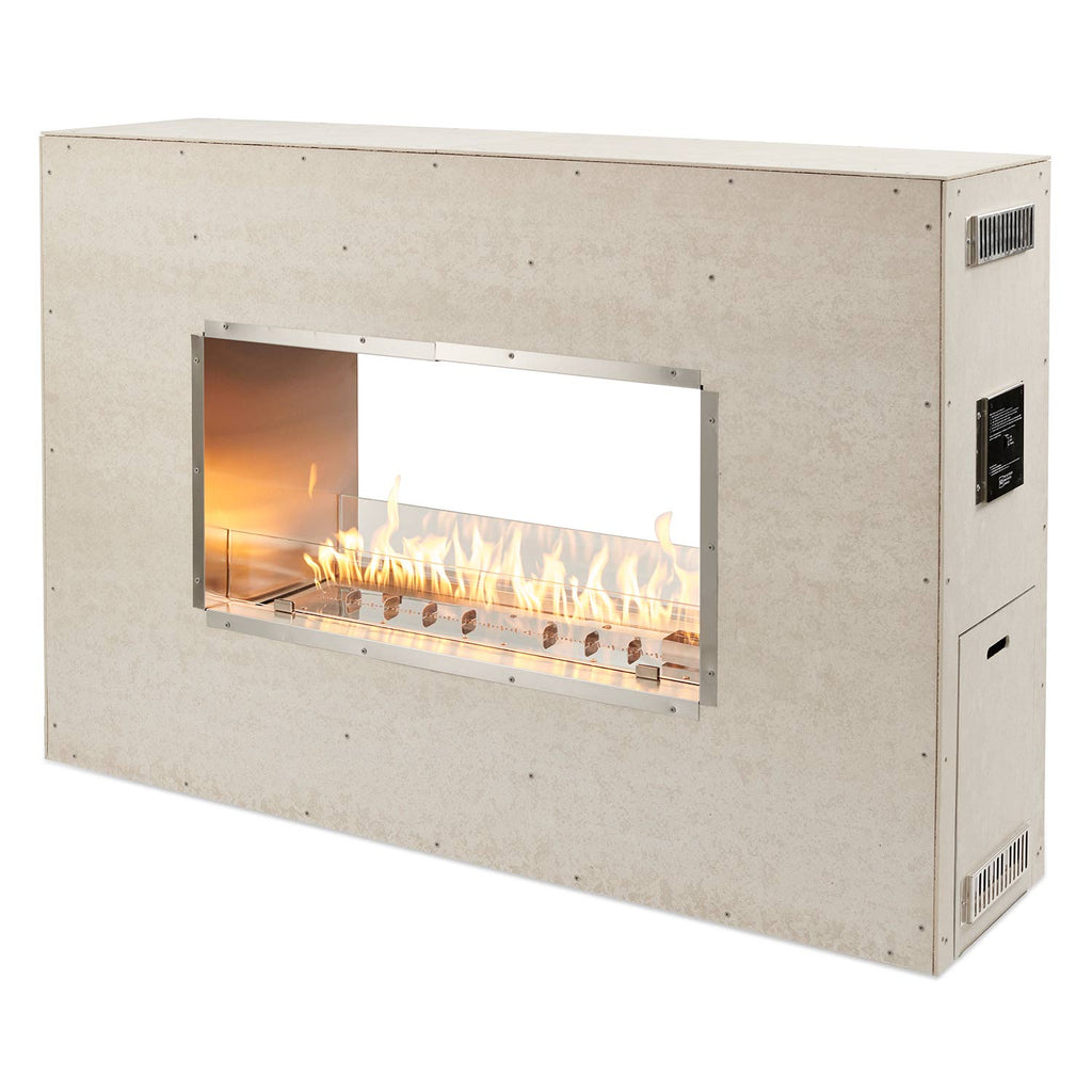 Linear see-through fireplace insert with light tan casing and glass firebox showing flames