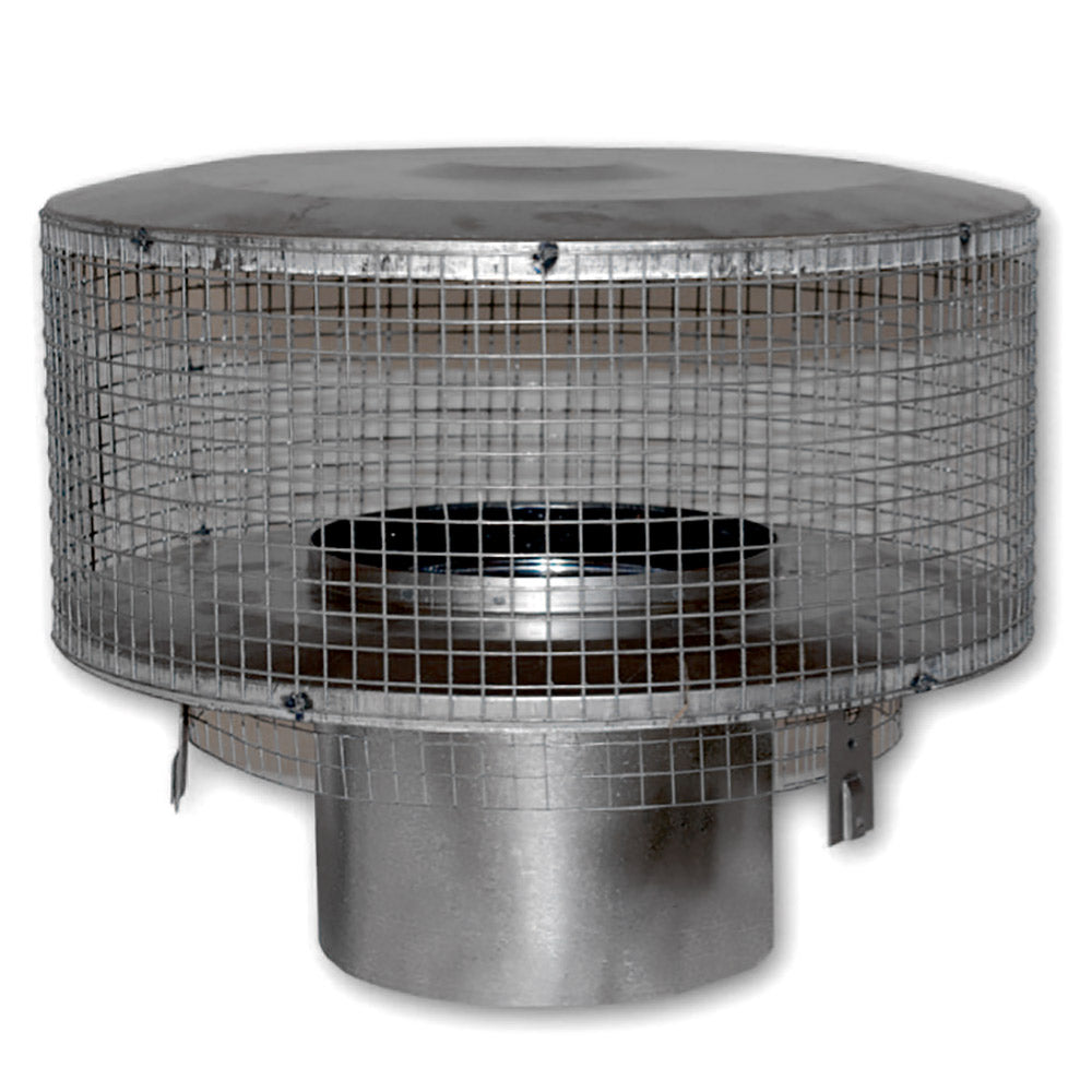 Round chimney cap with wire mesh screen and metal base, gray finish
