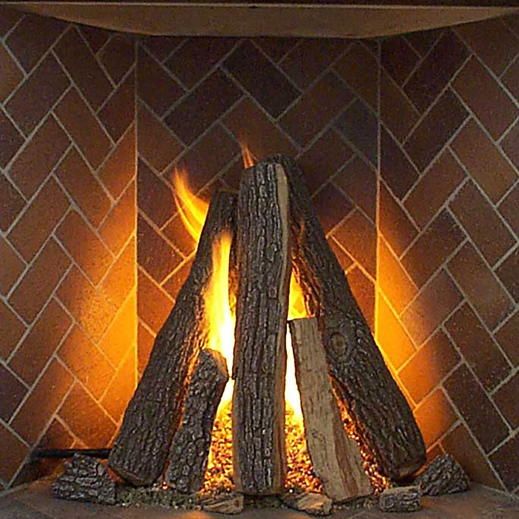 Fireplace log set with three stacked burning logs in a firebox