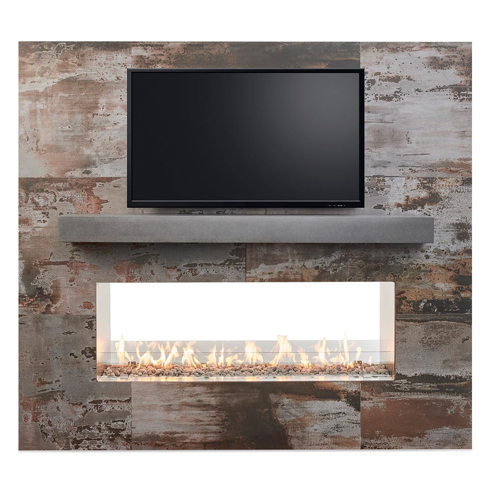 Built-in linear see-through fireplace with dark frame and flame display