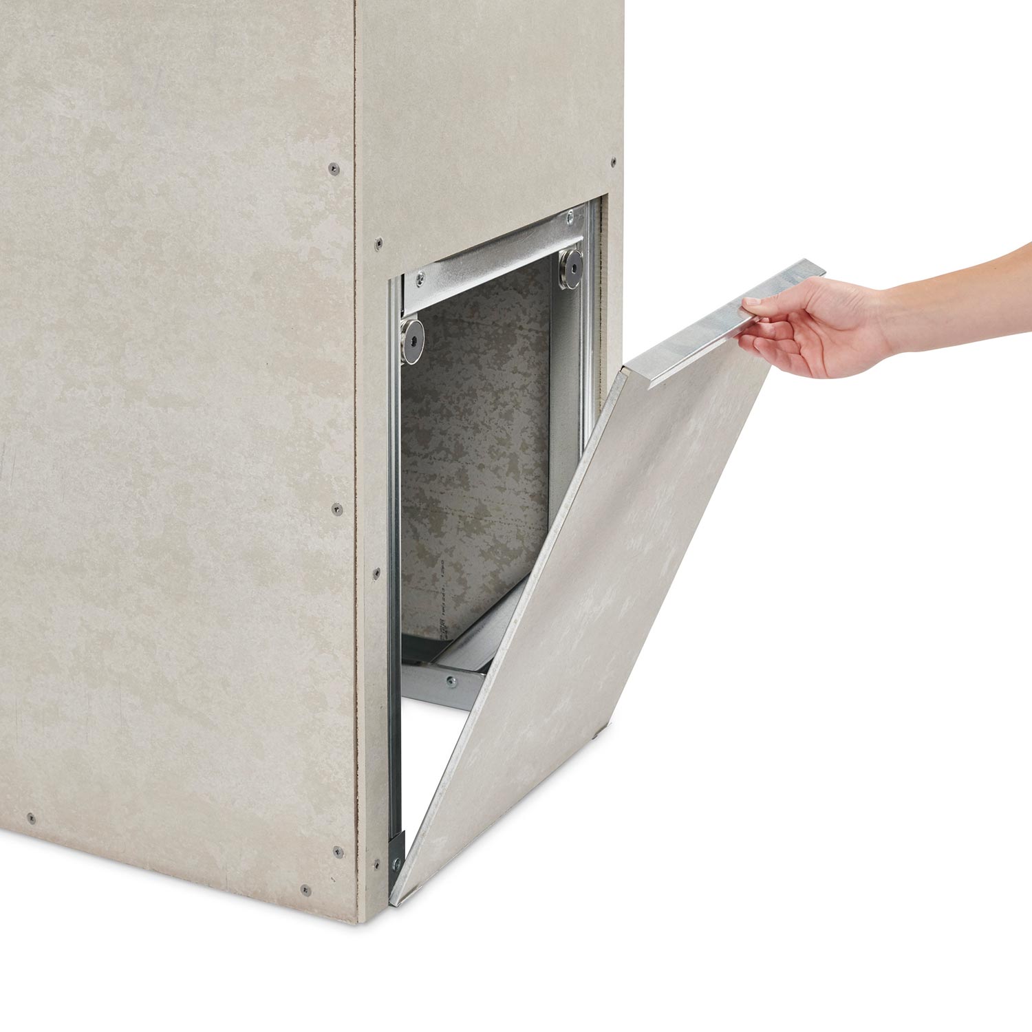 Linear see-through fireplace insert with hinged side panel open, showing interior metal housing