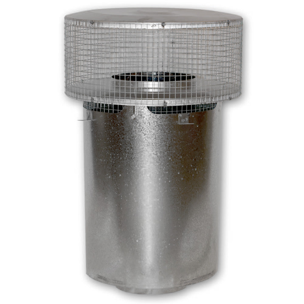 Metal chimney cap with mesh screen, round top and cylindrical body
