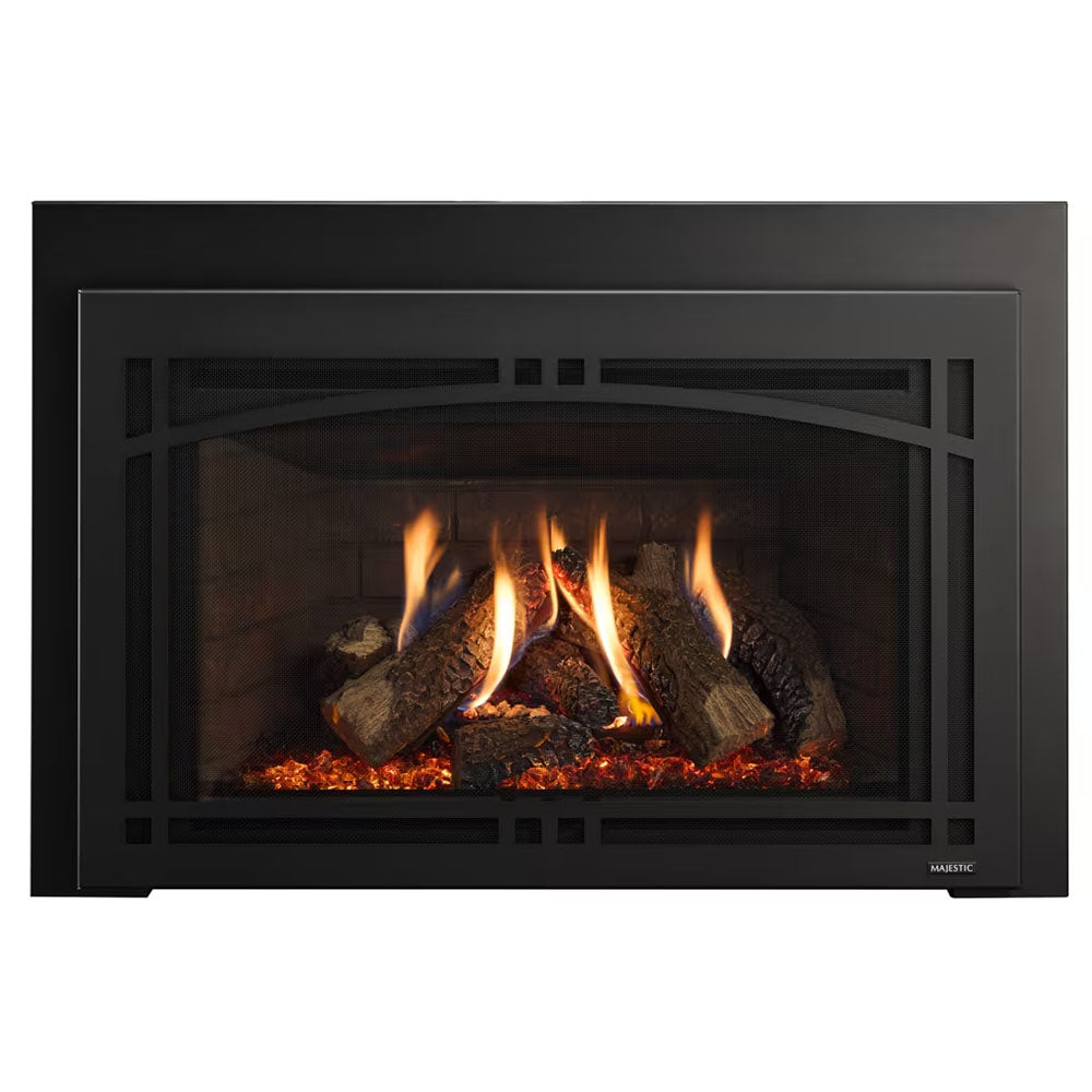 Black direct vent gas fireplace with mesh firebox screen and burning logs