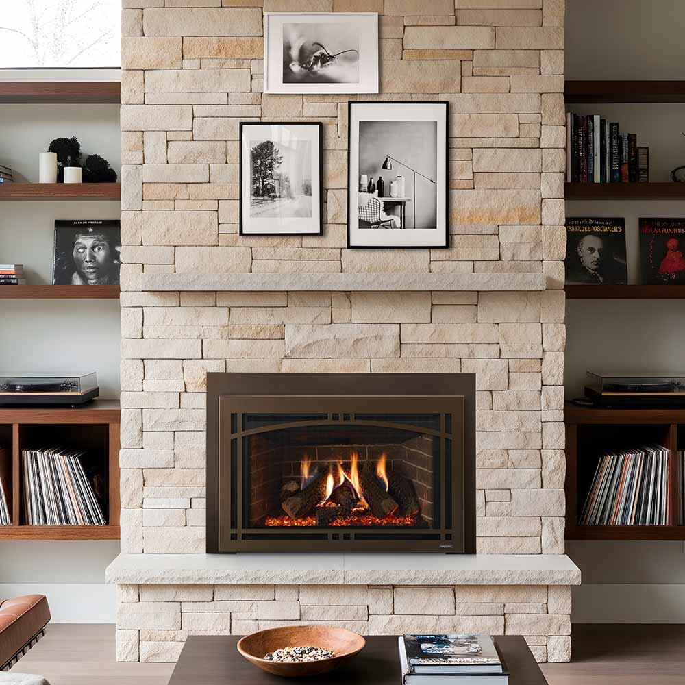Beige stone surround direct vent gas fireplace with bronze frame and burning logs