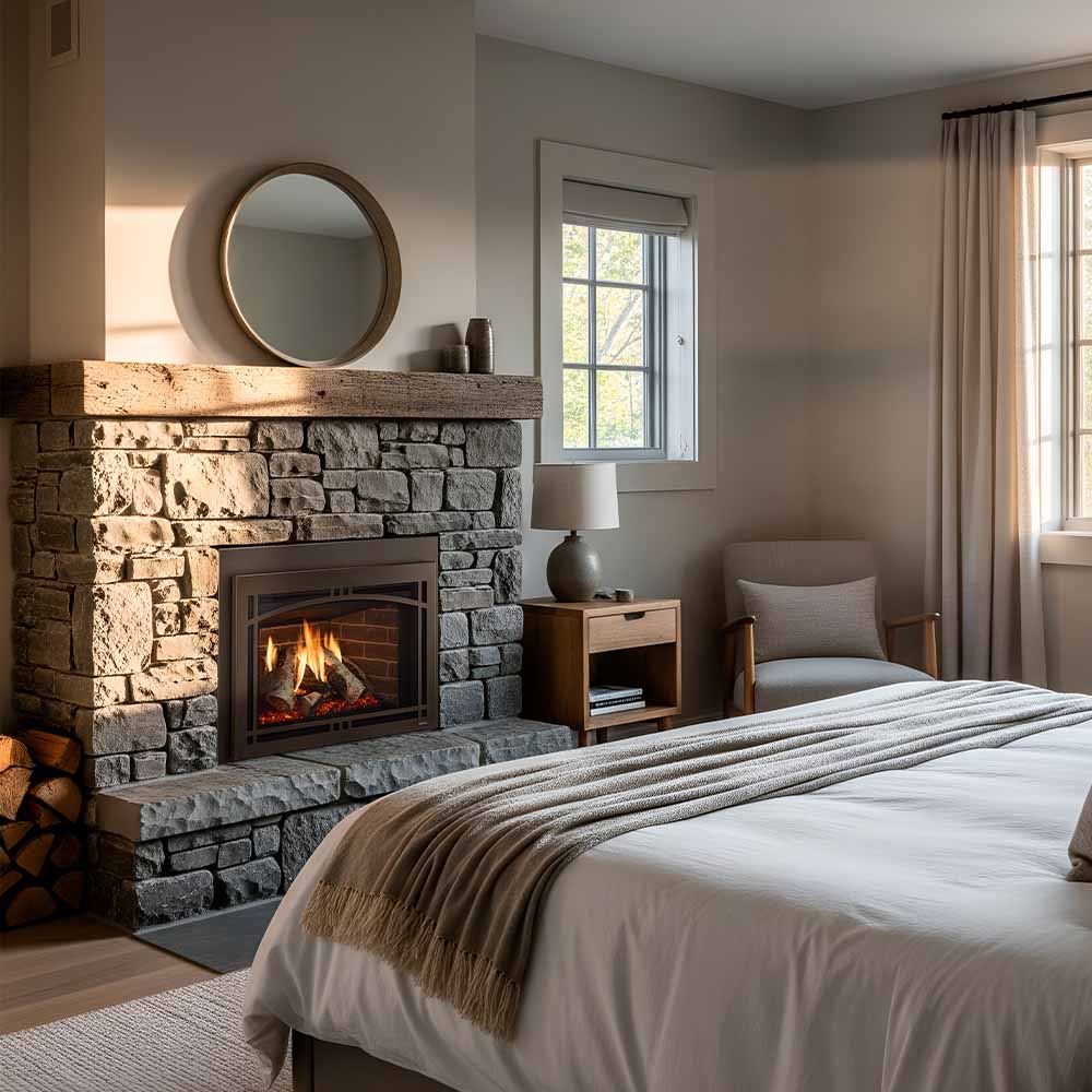 Dark-framed direct vent gas fireplace in a stone surround with visible flames