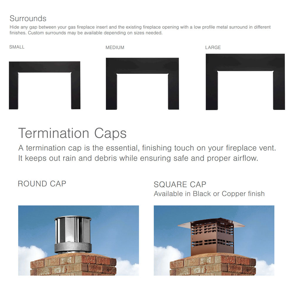 Black fireplace surround options with termination caps illustration