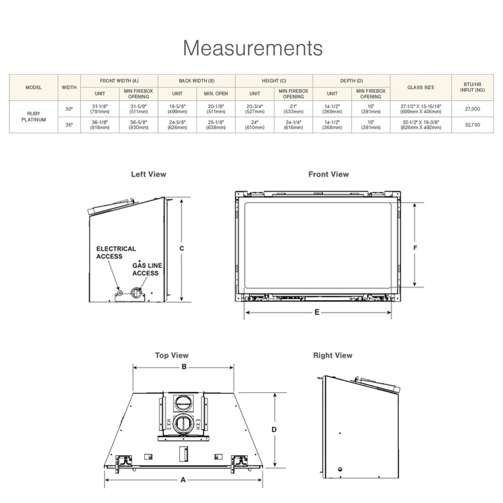 Gas fireplace measurements diagram with front, side, and top view labels