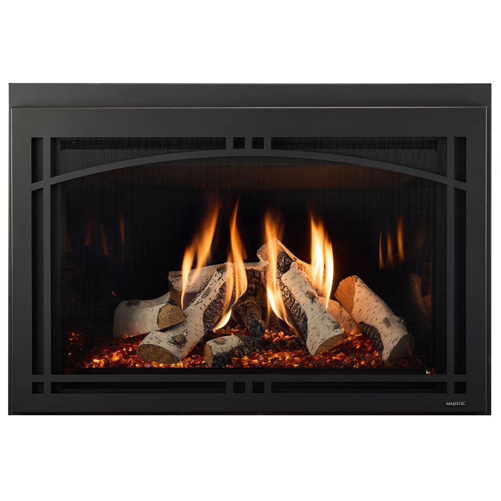 Black direct vent gas fireplace with bright flames and ceramic logs