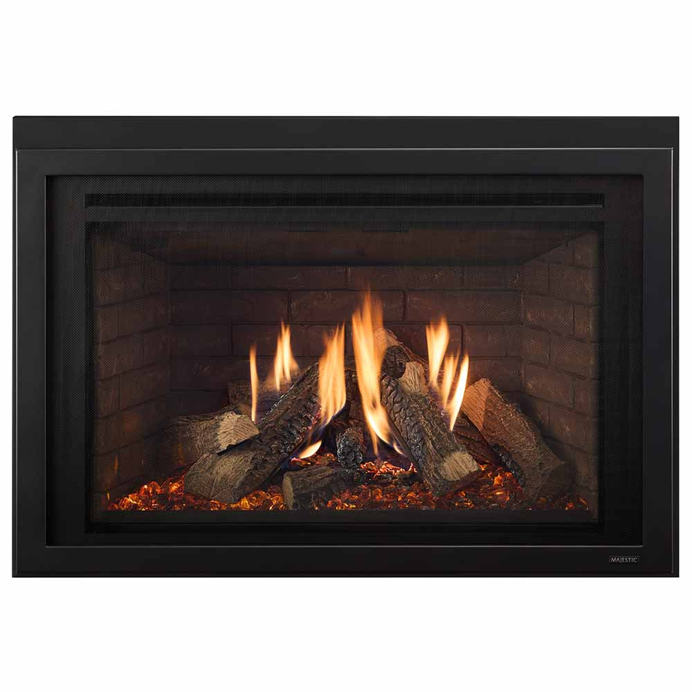 Black direct vent gas fireplace with open view and burning logs inside