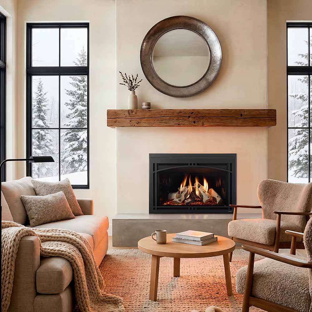 Black direct vent gas fireplace insert with flames visible through glass