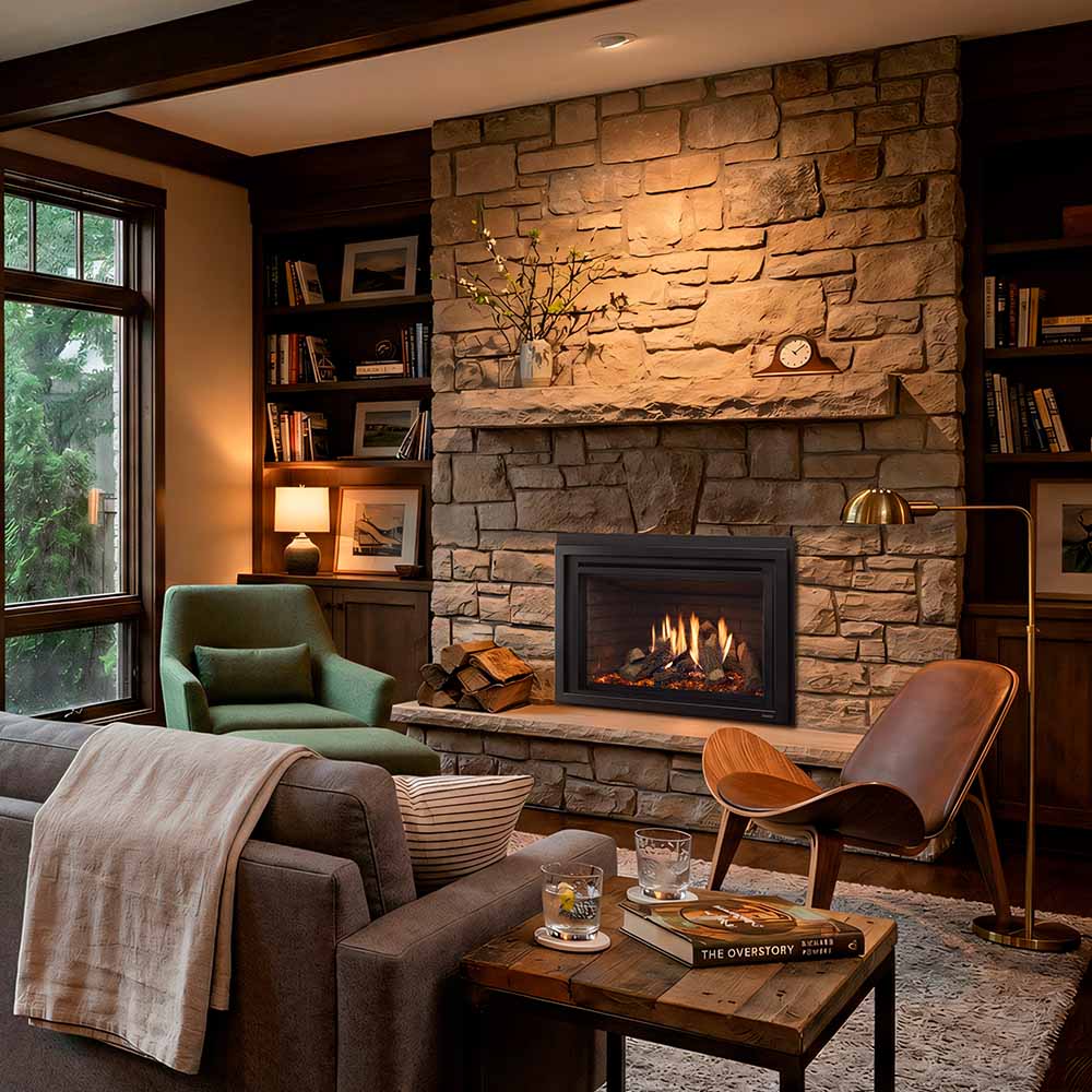 Black direct vent gas fireplace with burning logs framed by glass